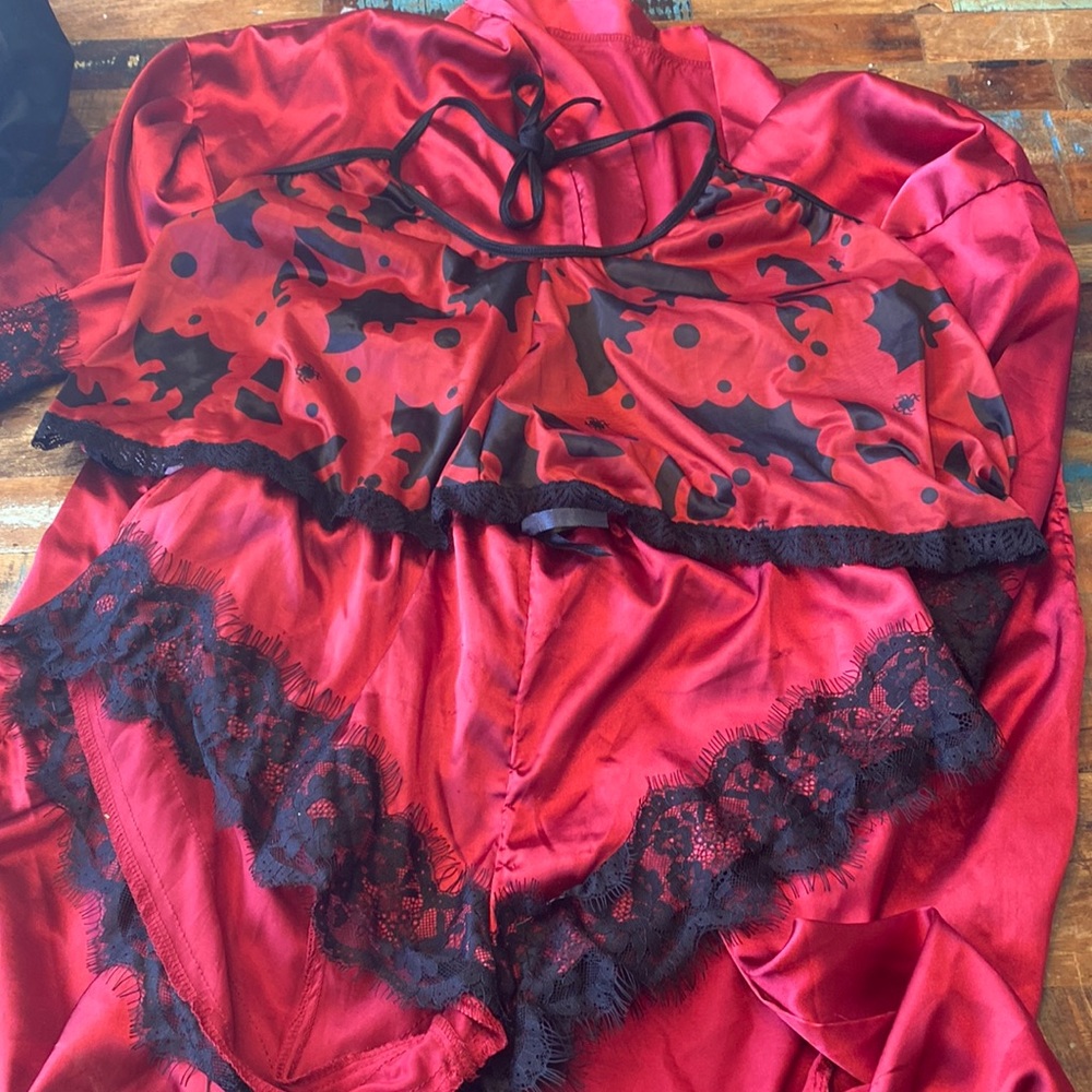 Red and black set/ booty shorts and Halloween tank top with robe matching set